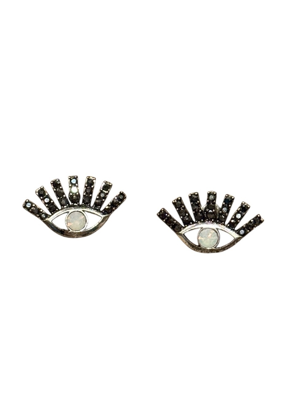 Evil Eye Opal Gemstone Iris Studded Lashes Silver Stud Earrings